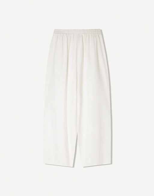 Bershka Linen Blend Balloon Fit Trousers With Darts In White