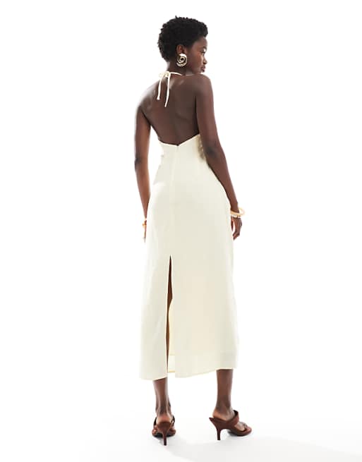 Bershka Linen Blend Halter Midi Dress With Tie Detail In Yellow