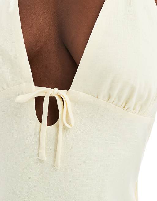 Bershka Linen Blend Halter Midi Dress With Tie Detail In Yellow