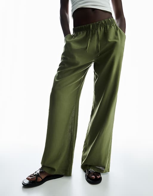 Bershka Linen Blend Trousers With An Elasticated Waistband In Khaki