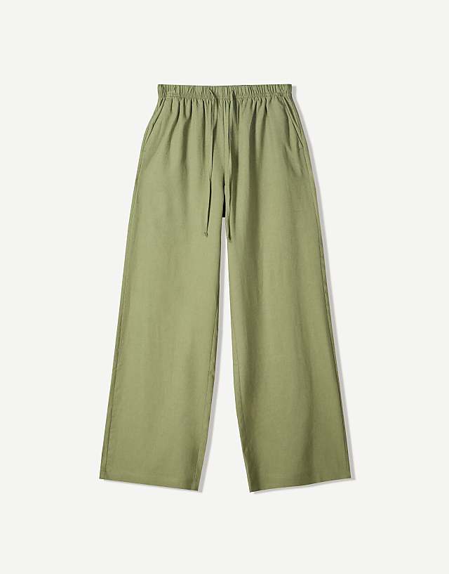 Bershka Linen Blend Trousers With An Elasticated Waistband In Khaki