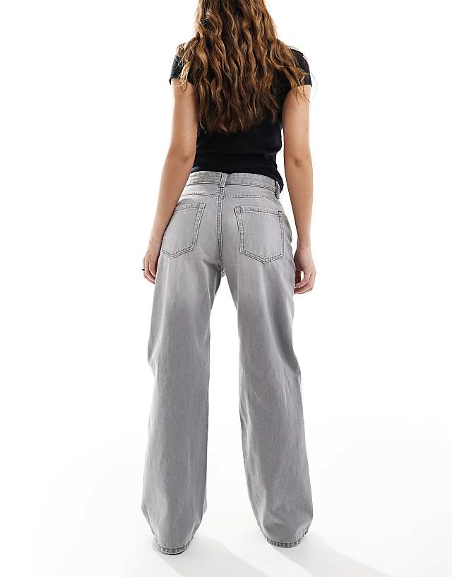 Bershka Ripped Knee Wide Leg Jeans In Light Grey