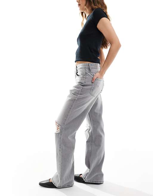 Bershka Ripped Knee Wide Leg Jeans In Light Grey