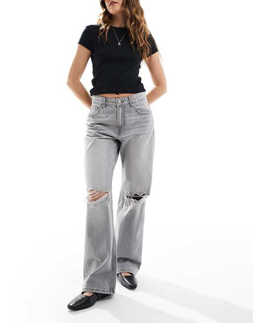 Bershka Ripped Knee Wide Leg Jeans In Light Grey