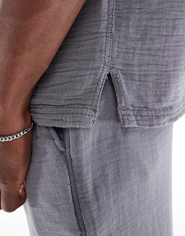 Bershka Textured Revere Collar Co-ord Shirt In Grey