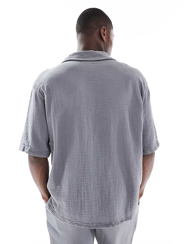 Bershka Textured Revere Collar Co-ord Shirt In Grey