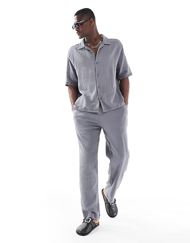 Bershka Textured Revere Collar Co-ord Shirt In Grey