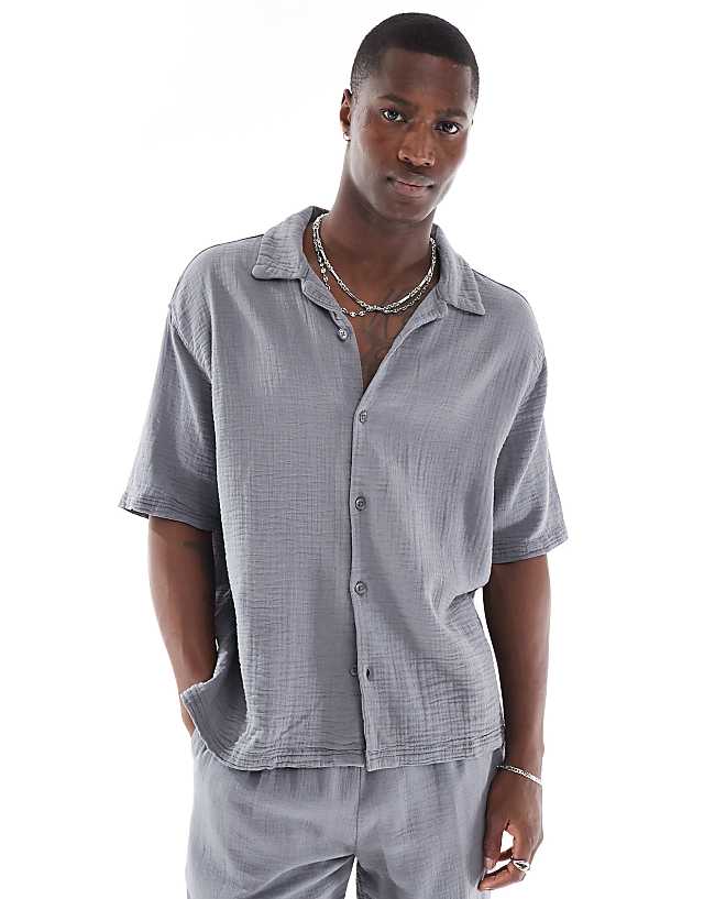 Bershka textured revere collar co-ord shirt in grey