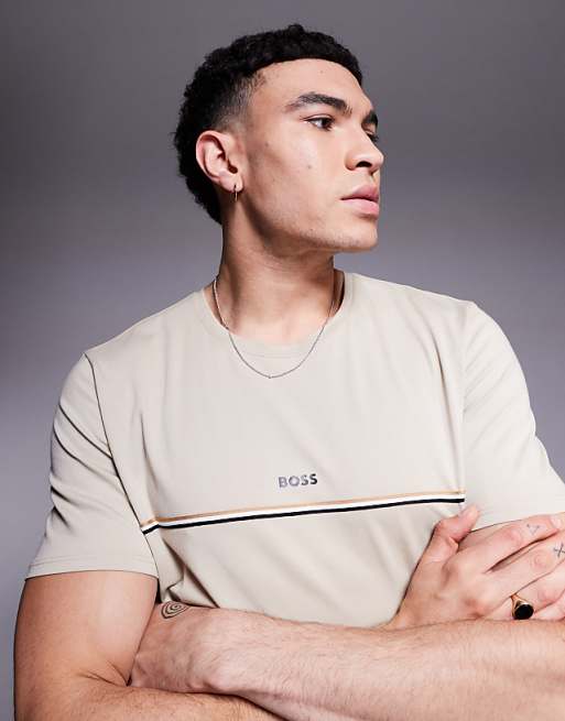 BOSS Bodywear Unique Stripe Logo T-shirt Regular Fit In Light Beige