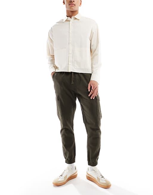 Brave Soul Cotton Linen Blend Cargo Trousers In Khaki