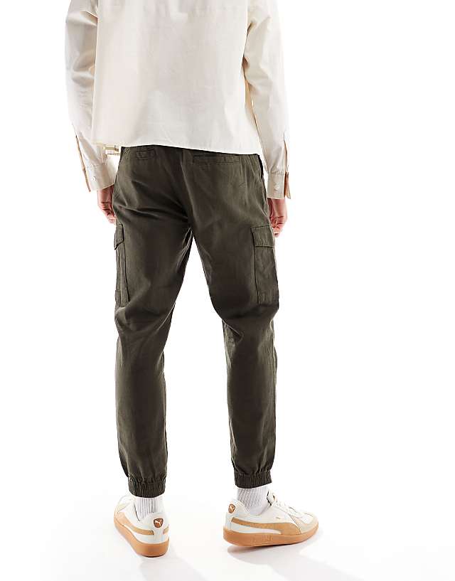 Brave Soul Cotton Linen Blend Cargo Trousers In Khaki