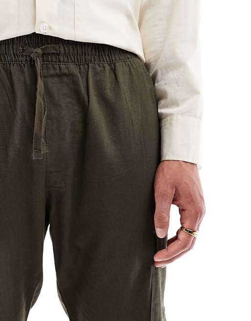 Brave Soul Cotton Linen Blend Cargo Trousers In Khaki
