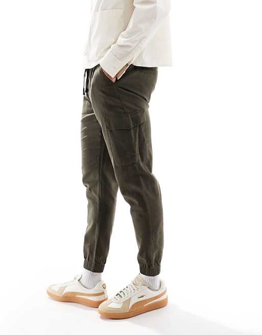 Brave Soul Cotton linen blend cargo trousers in khaki