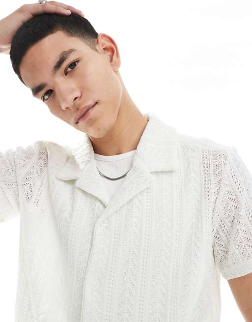Brave Soul Open Knit Textured Short Sleeve Shirt In White