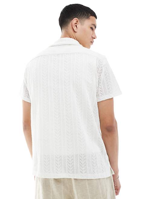 Brave Soul Open Knit Textured Short Sleeve Shirt In White