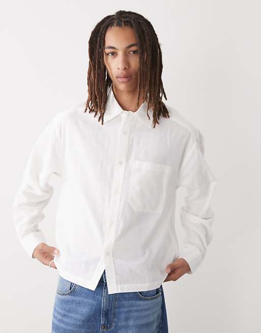 COLLUSION Boxy Linen Look Long Sleeve Shirt In White