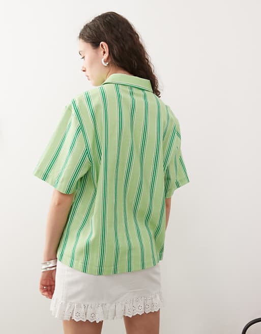 COLLUSION Boxy Linen Look Shirt In Green Stripe - MULTI