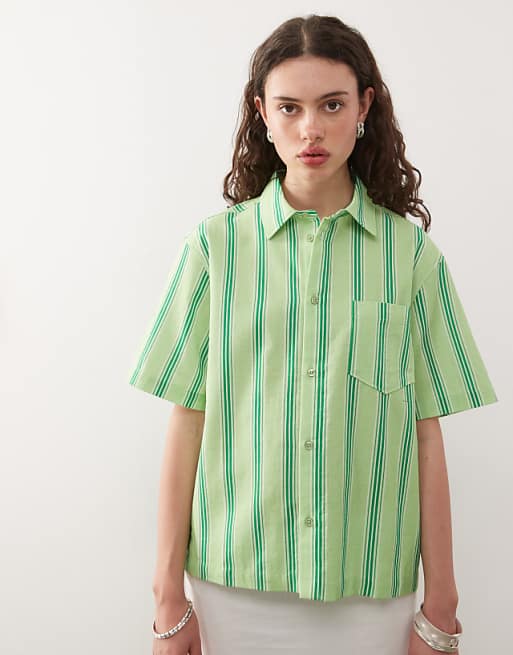 COLLUSION Boxy Linen Look Shirt In Green Stripe - MULTI