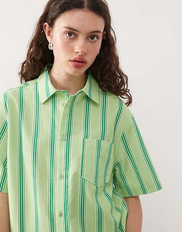 COLLUSION Boxy Linen Look Shirt In Green Stripe - MULTI