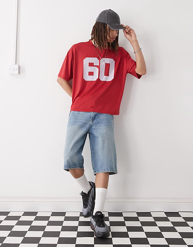 COLLUSION Boxy T-shirt In Red Sports Air Tex Fabric Jersey With Number Print