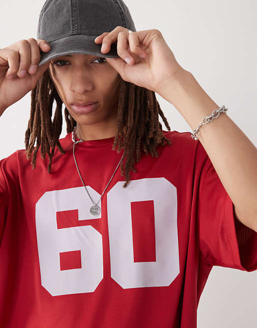 COLLUSION Boxy T-shirt In Red Sports Air Tex Fabric Jersey With Number Print