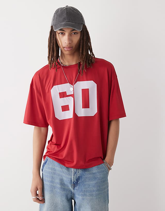 COLLUSION Boxy t-shirt in red sports air tex fabric jersey with number print