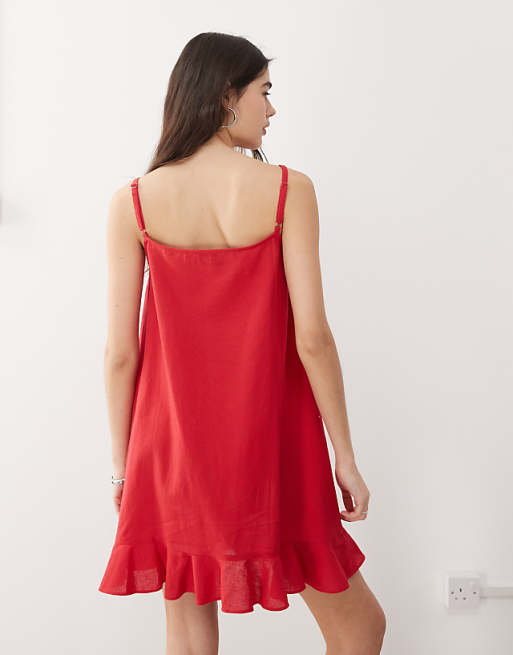 COLLUSION Linen Look Babydoll Mini Dress In Red