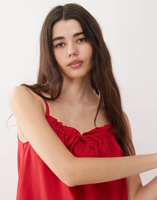 COLLUSION Linen Look Babydoll Mini Dress In Red