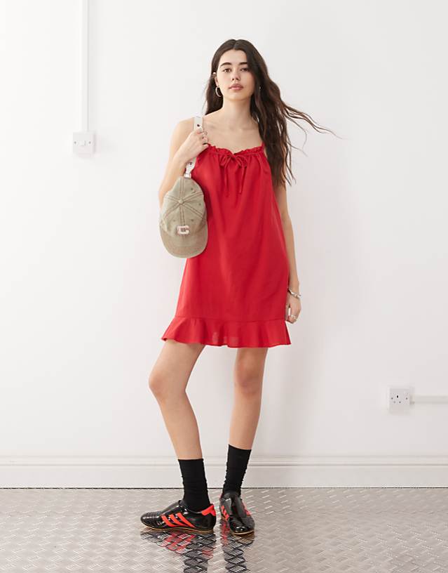 COLLUSION linen look babydoll mini dress in red