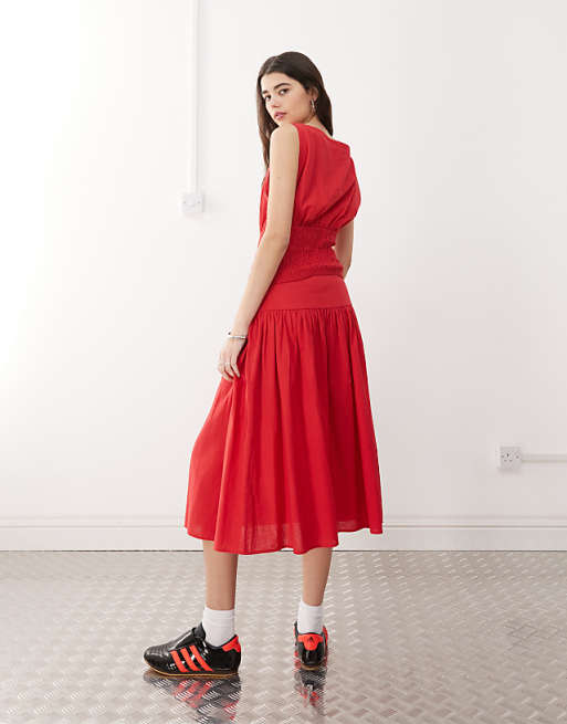 COLLUSION Linen Look Drop Waist Midi Skirt Co-ord In Red - RED