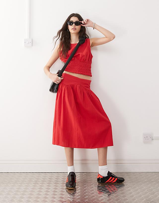 COLLUSION Linen Look Shirred Waist Top Co-ord In Red