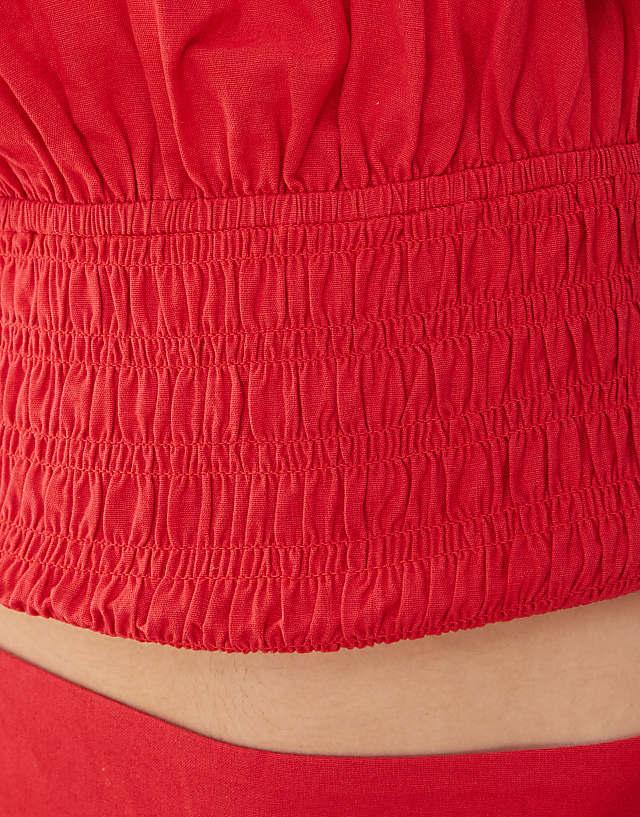 COLLUSION Linen Look Shirred Waist Top Co-ord In Red