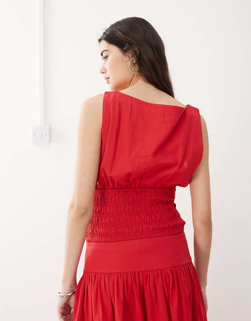 COLLUSION Linen Look Shirred Waist Top Co-ord In Red