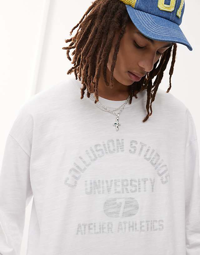COLLUSION Long Sleeve T-shirt In White Slub Fabric With Print