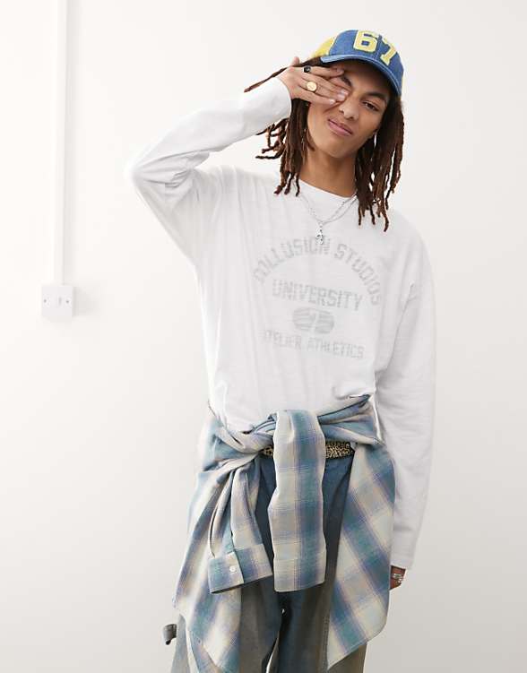 COLLUSION Long Sleeve T-shirt In White Slub Fabric With Print