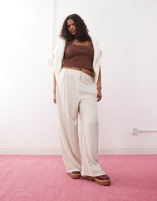 COLLUSION Plus relaxed woven trouser with linen in stone - STONE