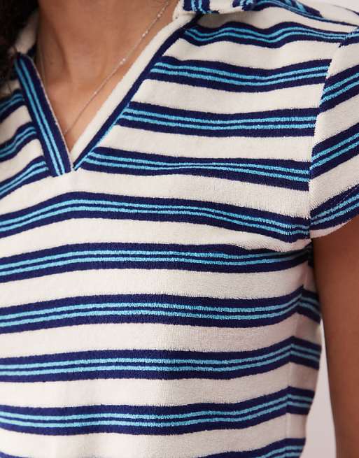 COLLUSION Towelling Striped Polo Top Co-ord In Blue