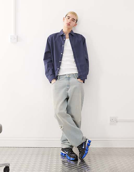 COLLUSION Twill Long Sleeve Shirt With Contrast Stitch In Navy