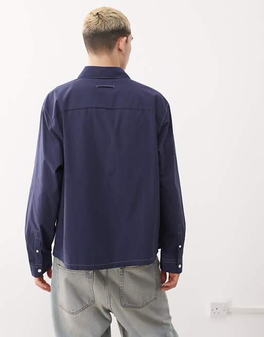 COLLUSION Twill Long Sleeve Shirt With Contrast Stitch In Navy