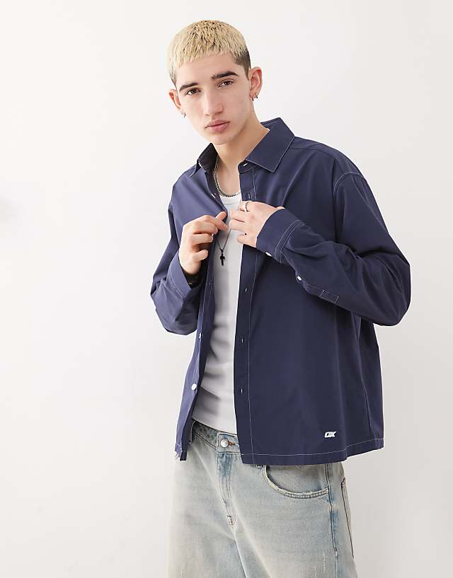 COLLUSION twill long sleeve shirt with contrast stitch in navy