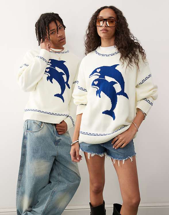 COLLUSION Unisex dolphin print knitted boxy jumper