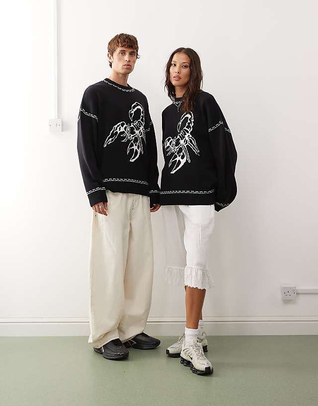COLLUSION Unisex jumper in charcoal blue with scorpion print