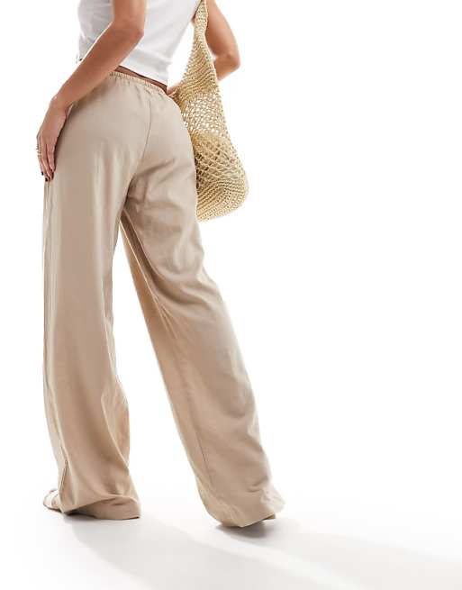 Cotton On Drawstring Straight Leg Linen Blend Trousers In Taupe