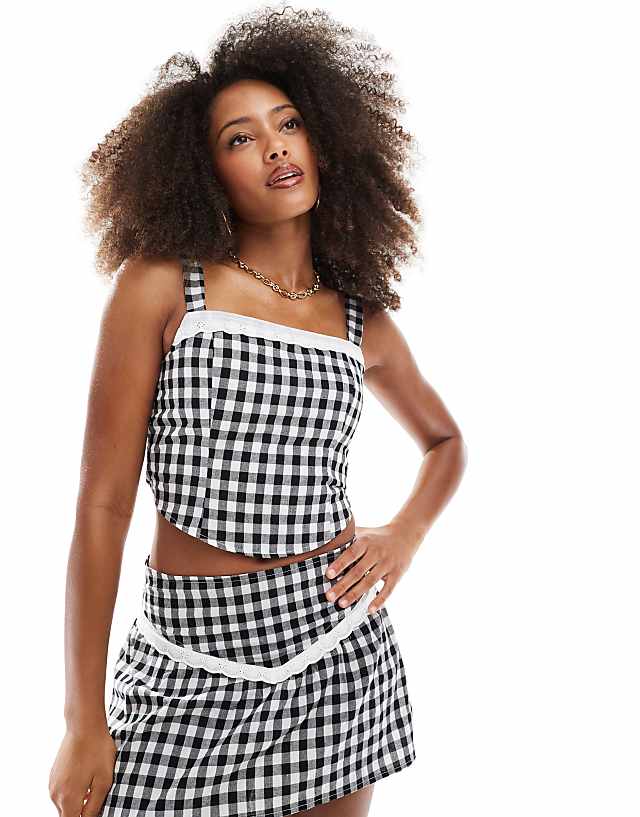 Daisy Street Gingham Corset Top With Broderie Edge In Black Co-ord