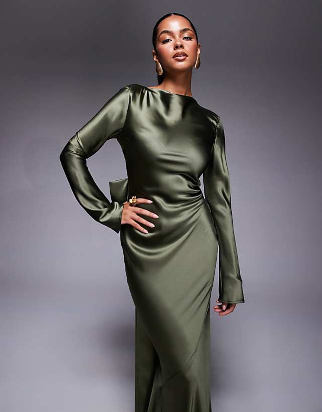 Daska Satin Maxi Dress With Exaggerated Bow Back In Khaki