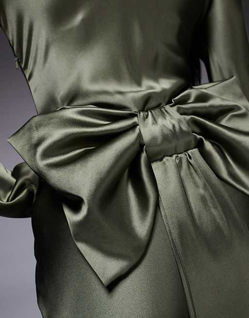 Daska Satin Maxi Dress With Exaggerated Bow Back In Khaki