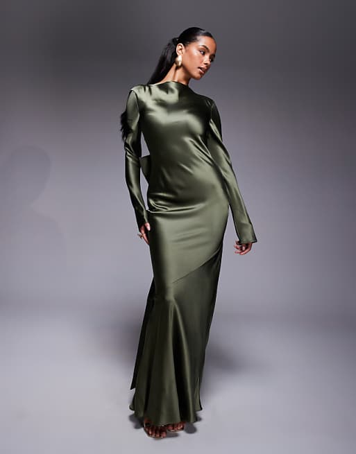Daska Satin Maxi Dress With Exaggerated Bow Back In Khaki