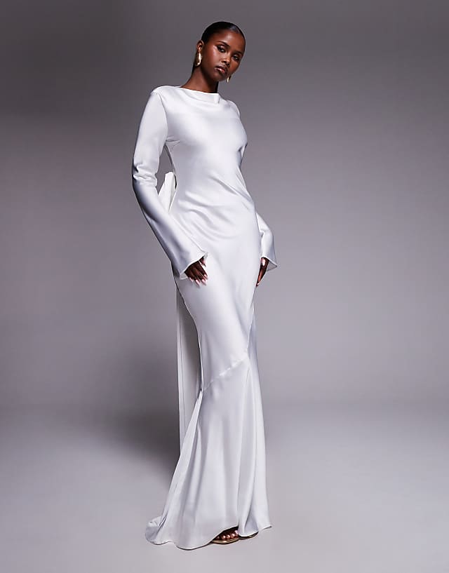 Daska Satin Maxi Dress With Exaggerated Bow Back In Ivory