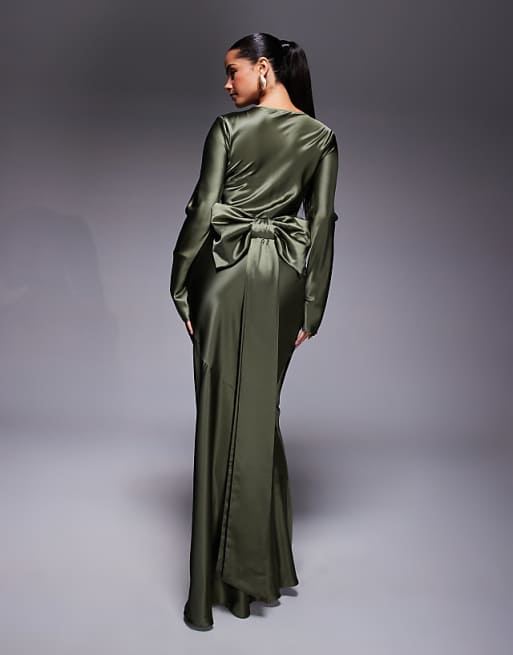Daska satin maxi dress with exaggerated bow back in khaki
