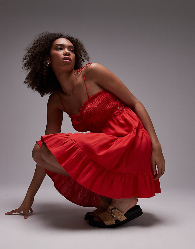Emory Park Tie Shoulder Linen Tiered Mini Dress In Red
